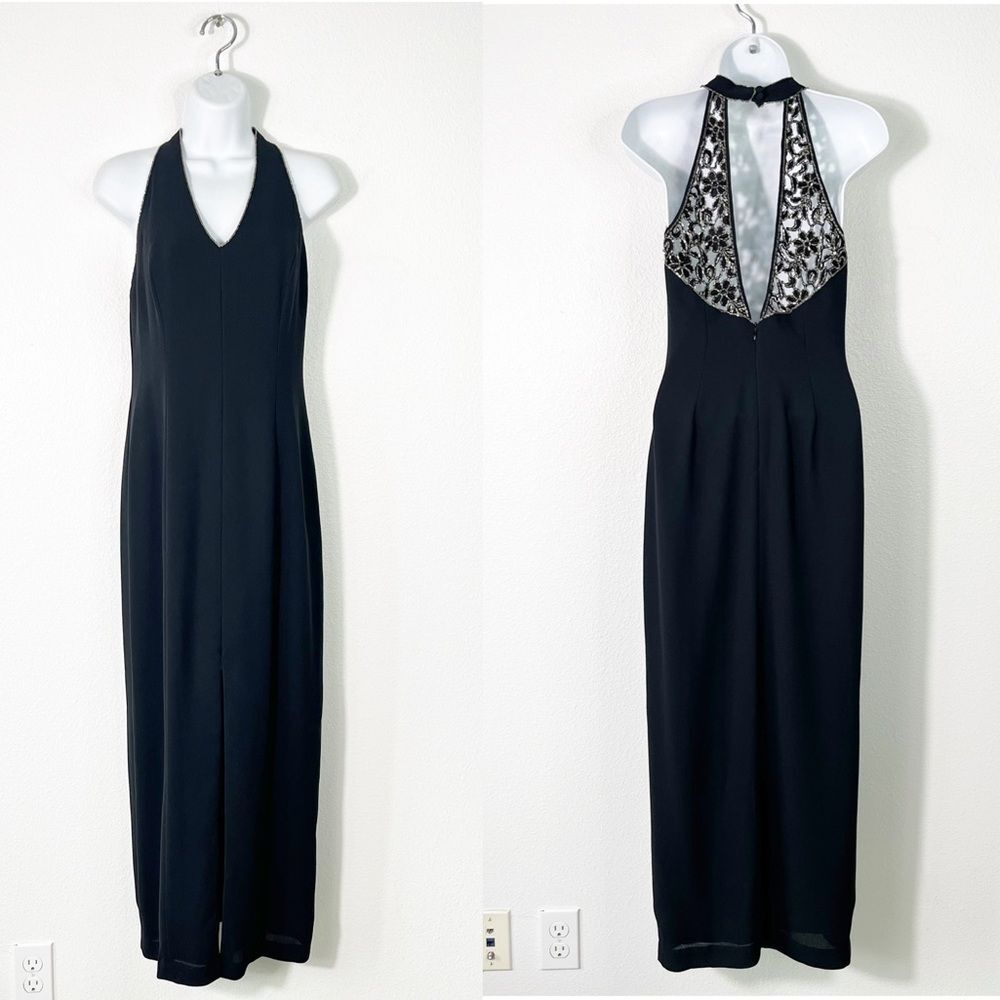Bieff Basix 80s Formal Prom Halter Beaded Maxi Black Dress Size 4 Vintage